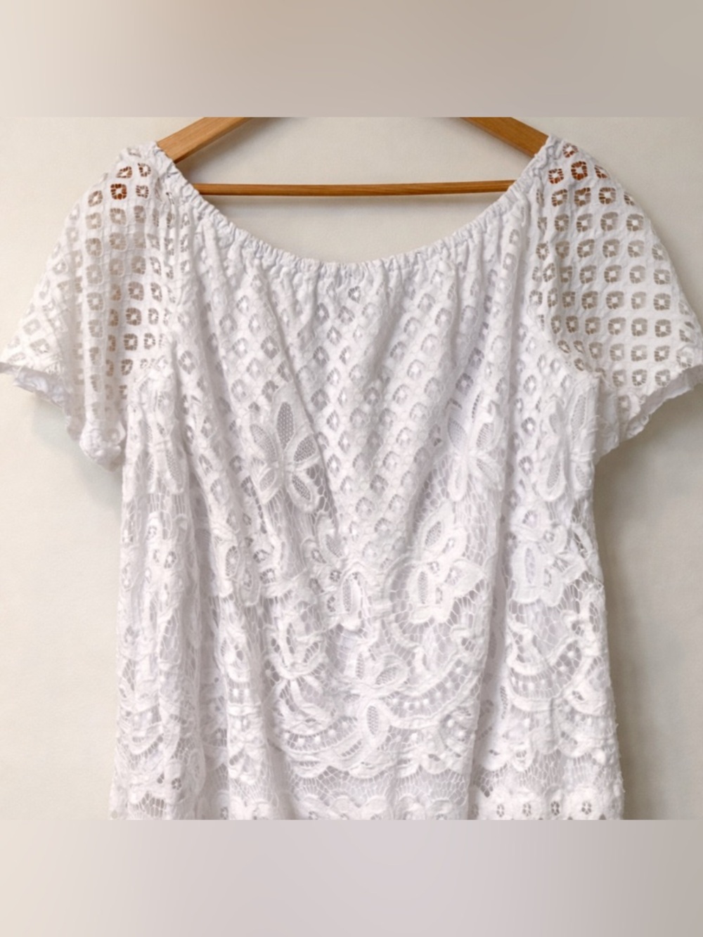 White Lace Eyelet Blouse Smocked Peasant Top Large | Boho Cottagecore Feminine